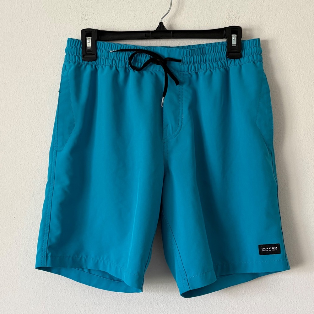 Volcom Mens Hybrid Shorts Swim Trunks Teal Blue Elastic Waist Drawstring Small